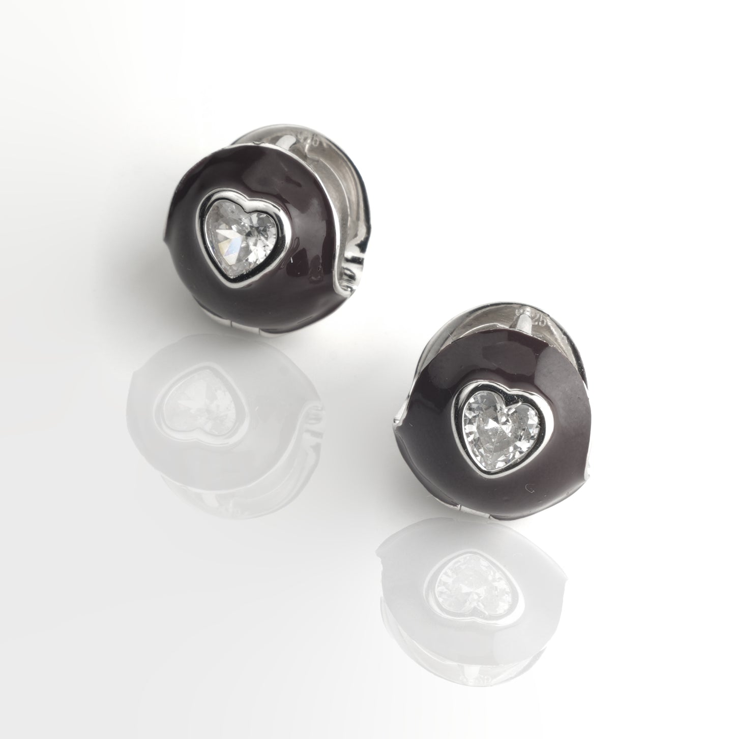 Silver and Black Heart Stud Earrings