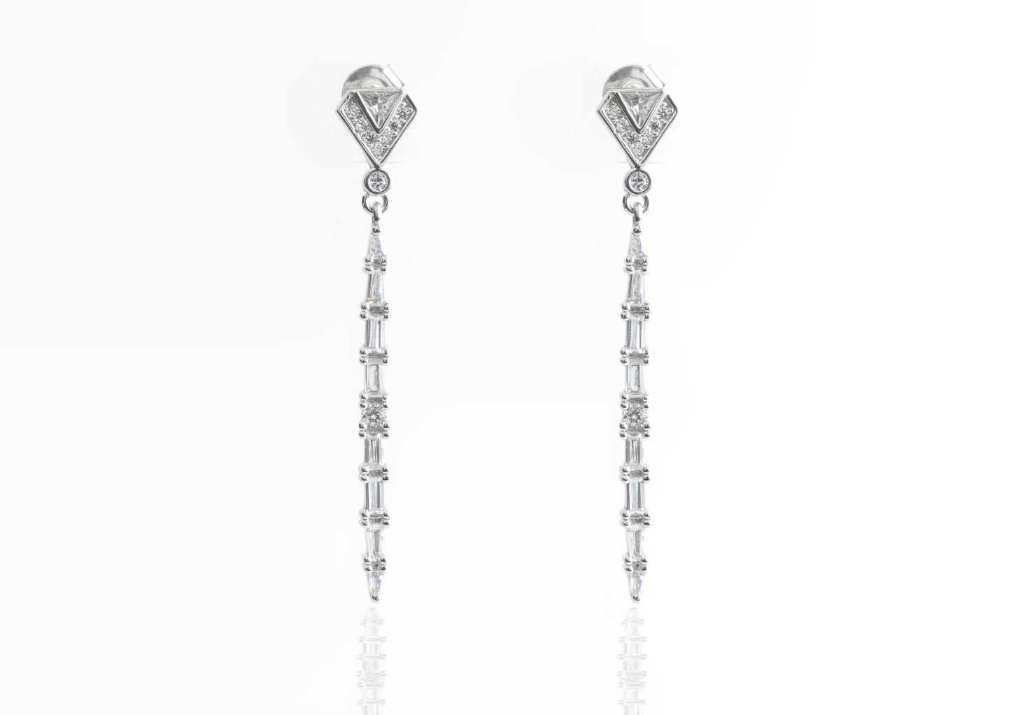 Sterling Silver Long Baguette Drop Earrings