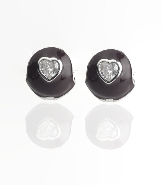Silver and Black Heart Stud Earrings