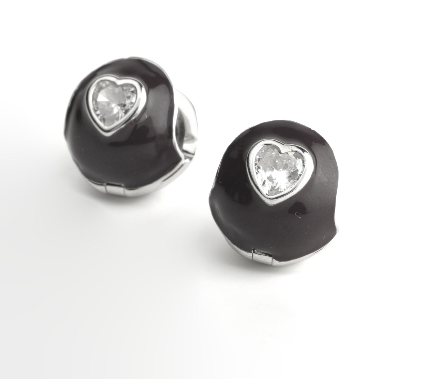Silver and Black Heart Stud Earrings